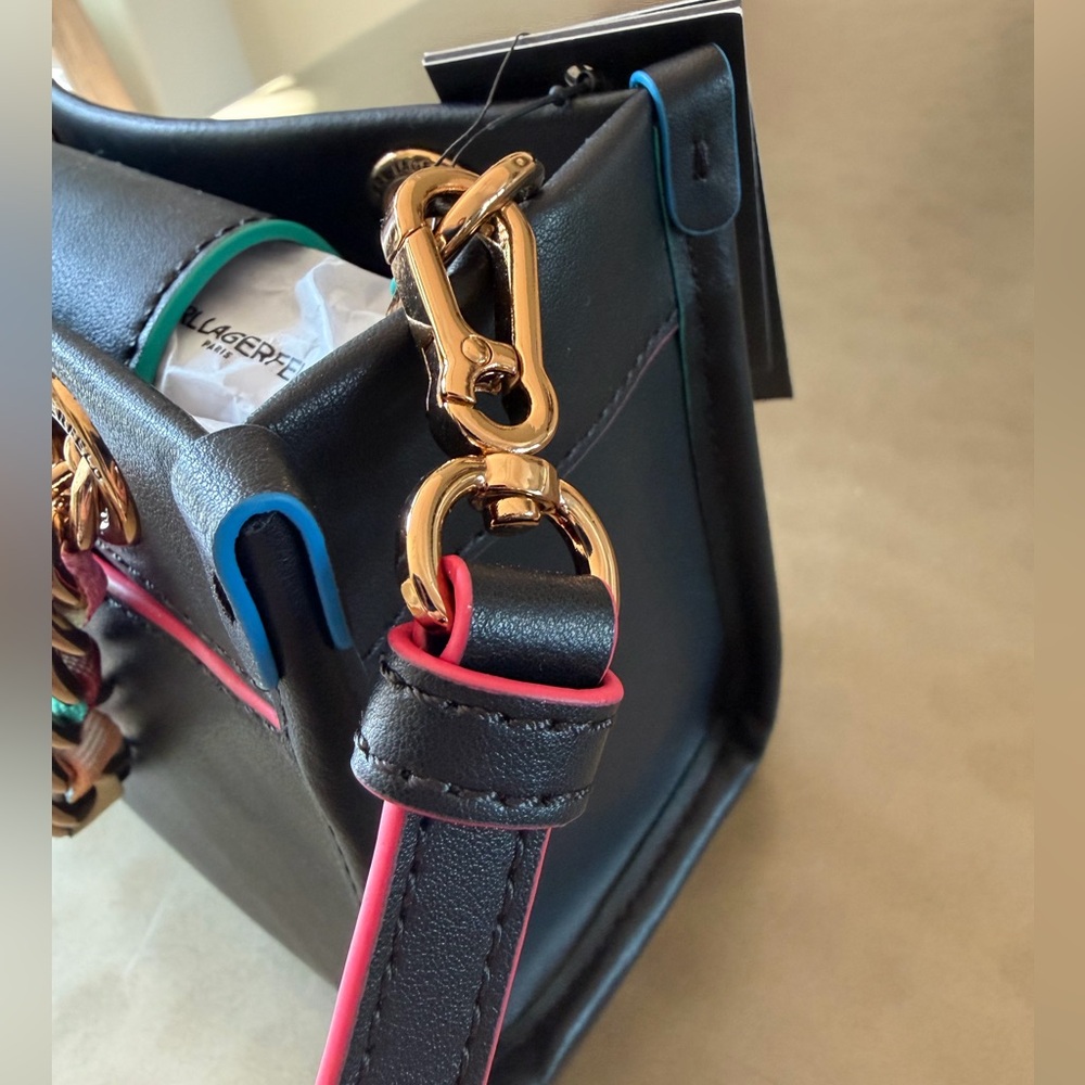 Karl Lagerfeld Paris Savoie Small Leather Black Crossbody with Multicolor Chain - Picture 12 of 13